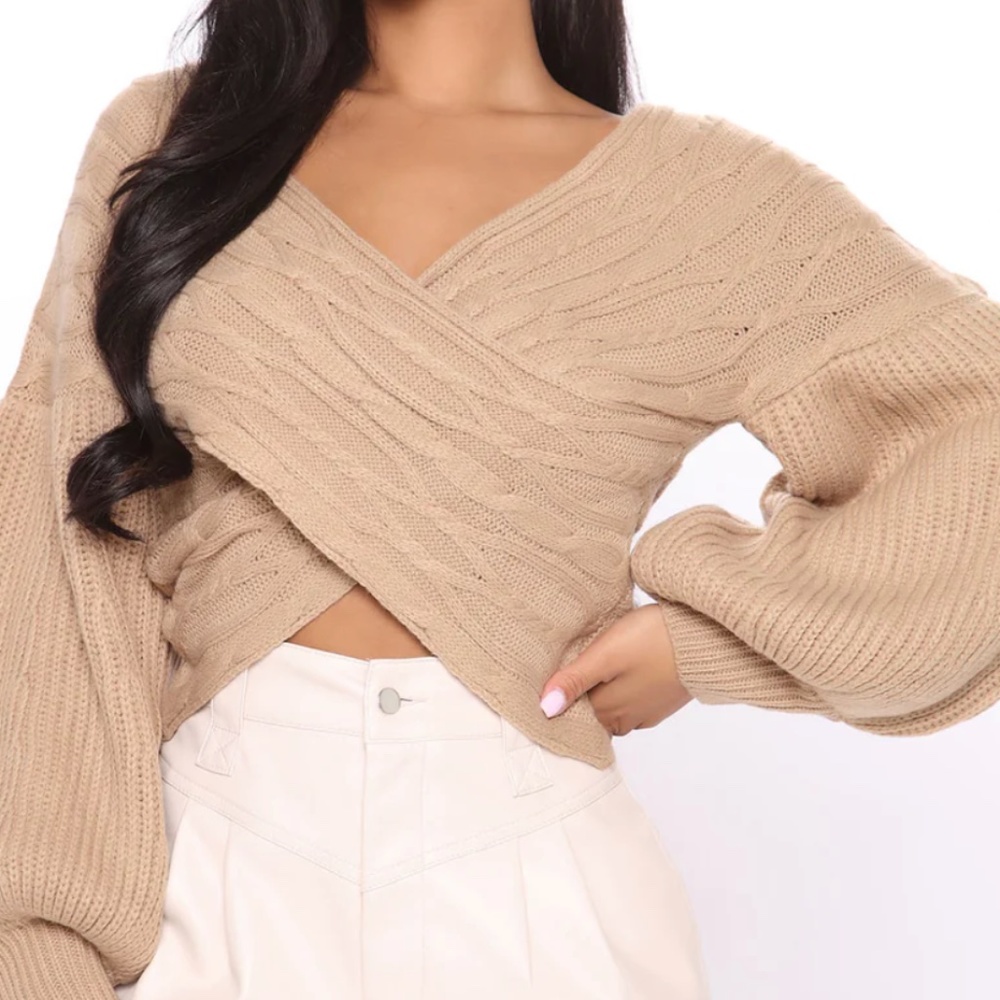 Cross body, taupe puffy sleeve sweater